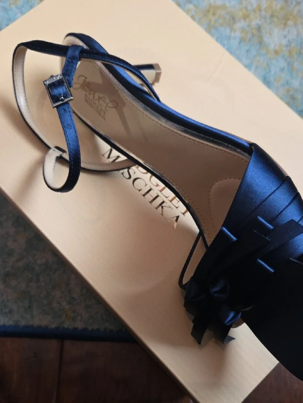 Badgley Mischka Navy Satin Bow-Embellished Slingback Heel - Picture 3 of 5